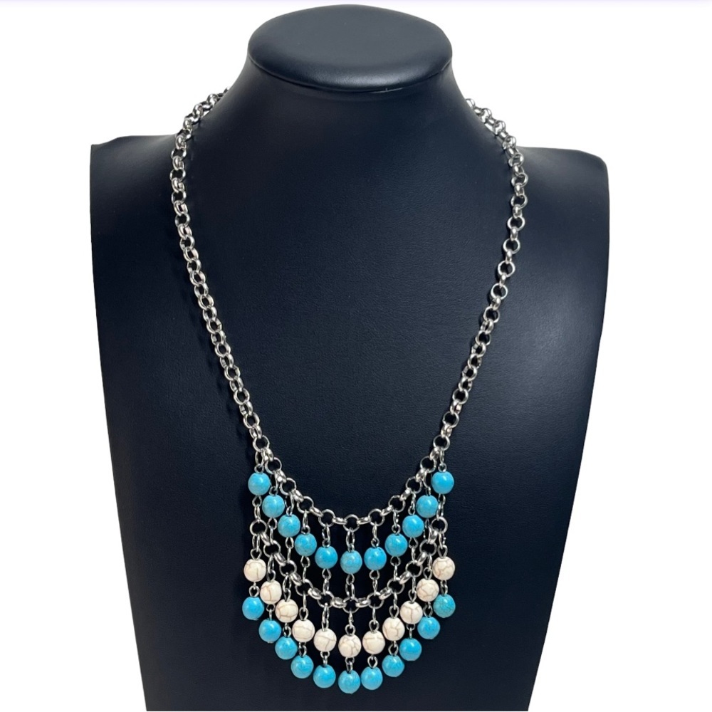 Southwestern Turquoise Beaded Drop Dangle Fringe Necklace 18-20"